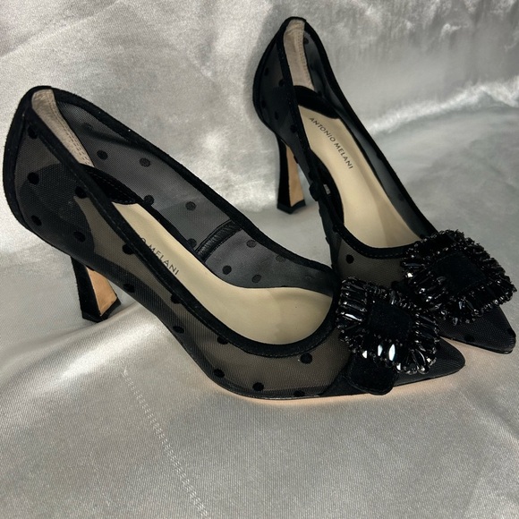 ANTONIO MELANI Black Polka Dot Mesh Heels - Picture 3 of 6